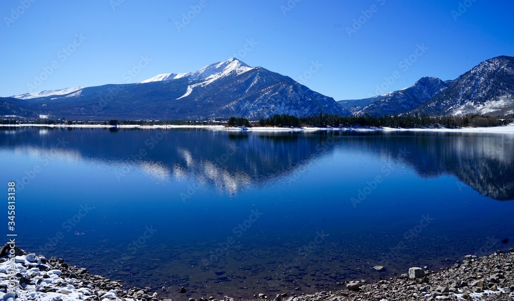 Lake Dillon Frisco, Colorado mountain reflection while snow capped. 