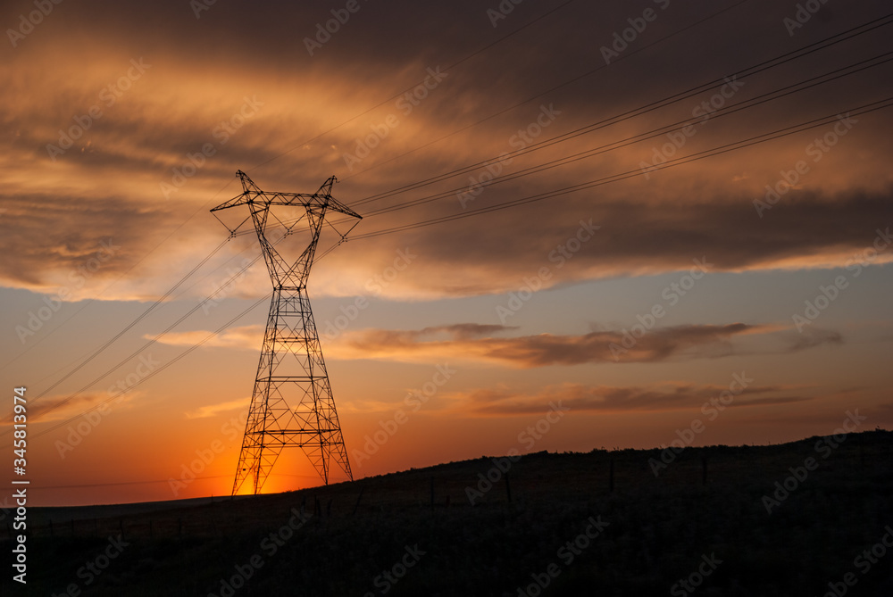 Power Lines on Power Tower at Sunset in the Midwest	