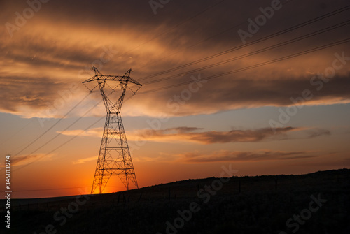 Power Lines on Power Tower at Sunset in the Midwest	