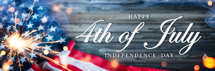 American Flag With Sparkler And Smoke On Wooden Background With Words "Happy 4th Of July Independence Day" - Independence Day Celebration Concept
