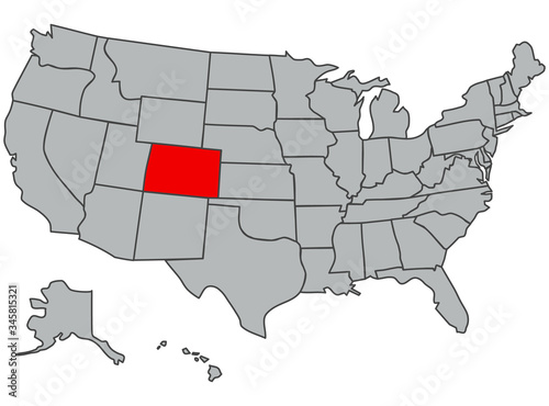 United States of America map. Highlighted red state Colorado. Vector illustration in gray with USA silhouette. The image of the contours of the US. Poster for articles, web, school, geography, study