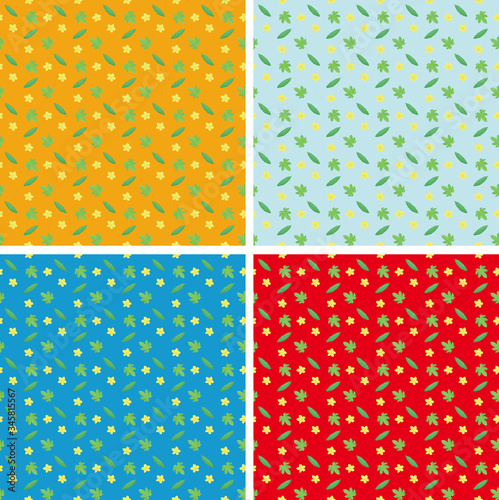 Four color background pattern of bitter melon, flowers and leaves.
