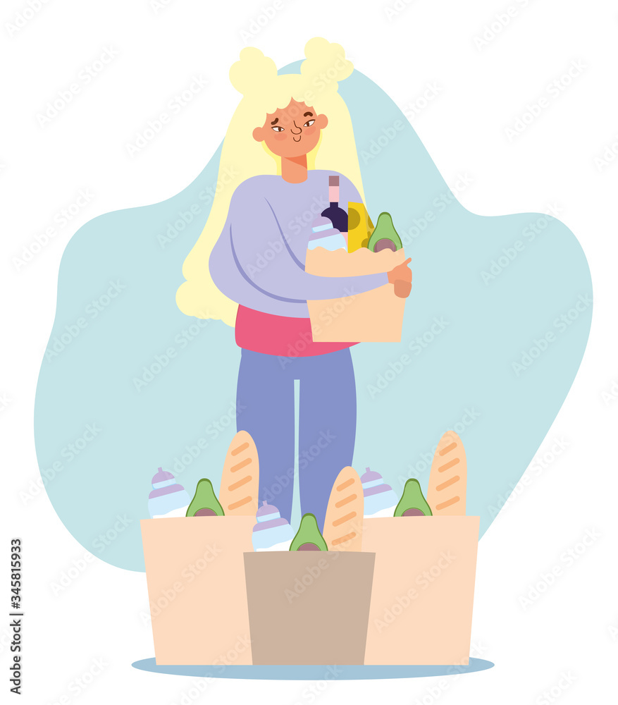 people hoarding purchase, girl with many bags of supermarket with food people hoarding purchase, girl with many bags of supermarket with food