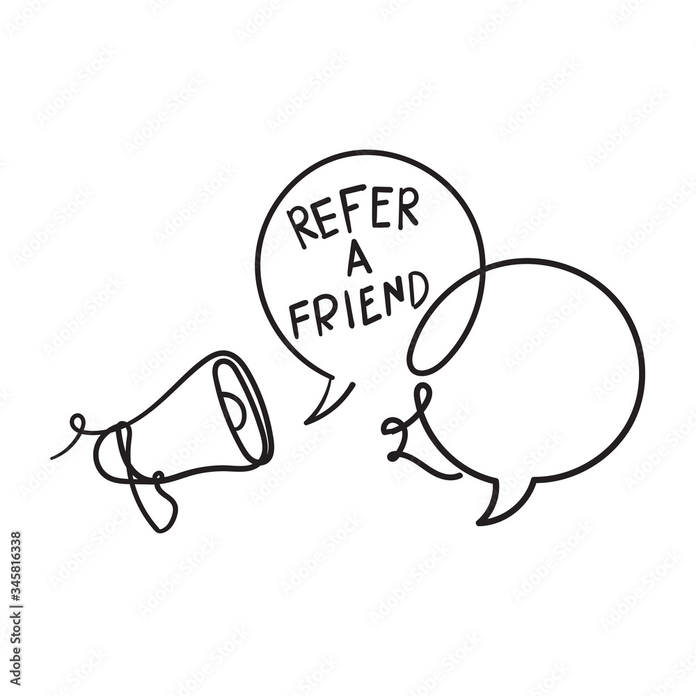 hand drawn Refer a friend of marketing design badges with loudspeaker. Advertising concept. doodle hand drawn Refer a friend of marketing design badges with loudspeaker. Advertising concept. doodle