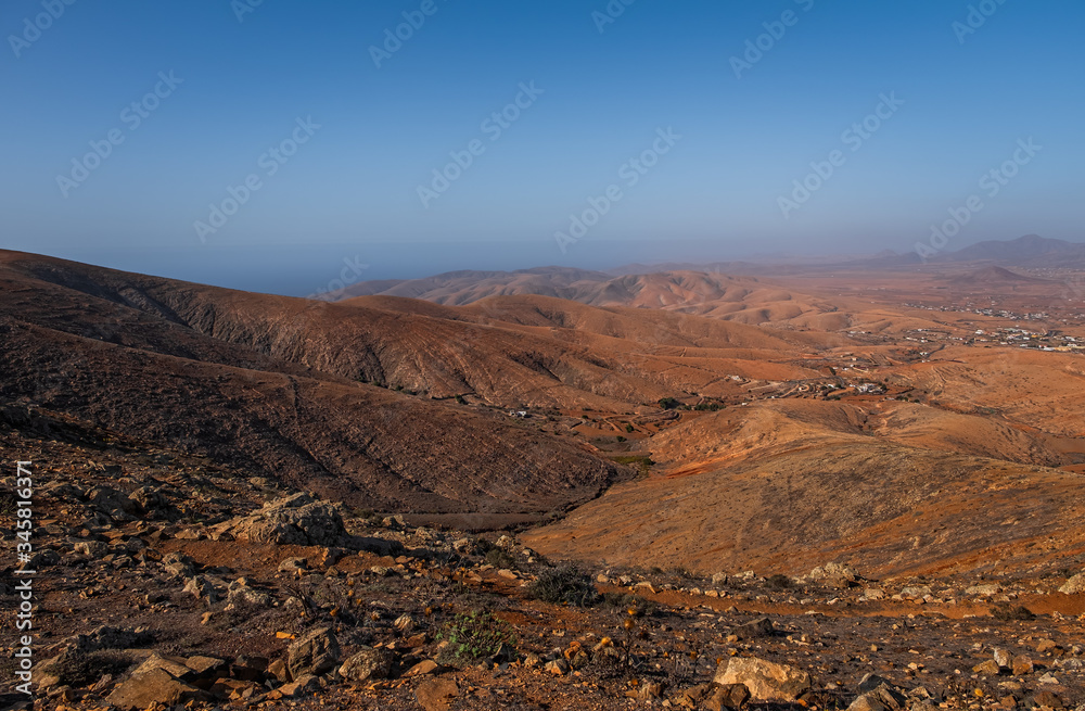 Fototapeta premium view of a landscape of Fuerteventura, Canary Islands, Spain, from Lookout Camino Velosa. October 2019