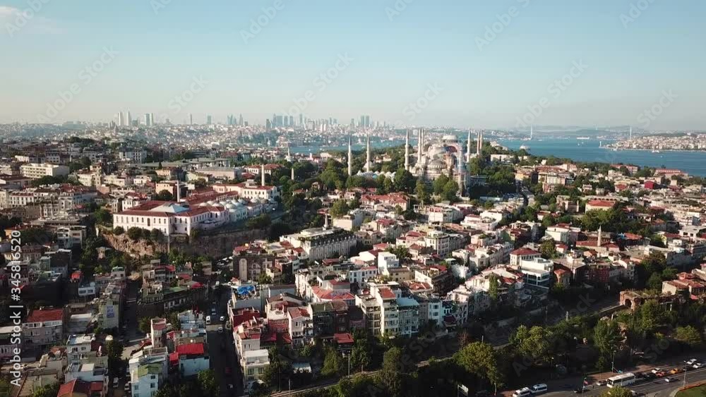 Istanbul, Turkey. Drone Aerial View of Blue Mosque, Marmara University and Downtown in Skyline, Pull Back Istanbul, Turkey. Drone Aerial View of Blue Mosque, Marmara University and Downtown in Skyline, Pull Back