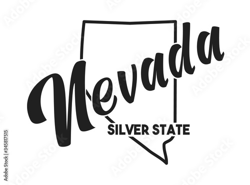 Vector silhouette of Nevada with a nickname inscription Silver State. Image for US poster, banner, print, decor, United States of America card. Hand-drawn illustration map of the USA territory