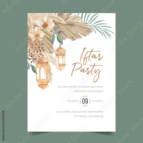 Bohemian Iftar Party Invitation Template with Dried Palm leaves, Pampas grass, Orchid and Moroccan Lamp
 photo