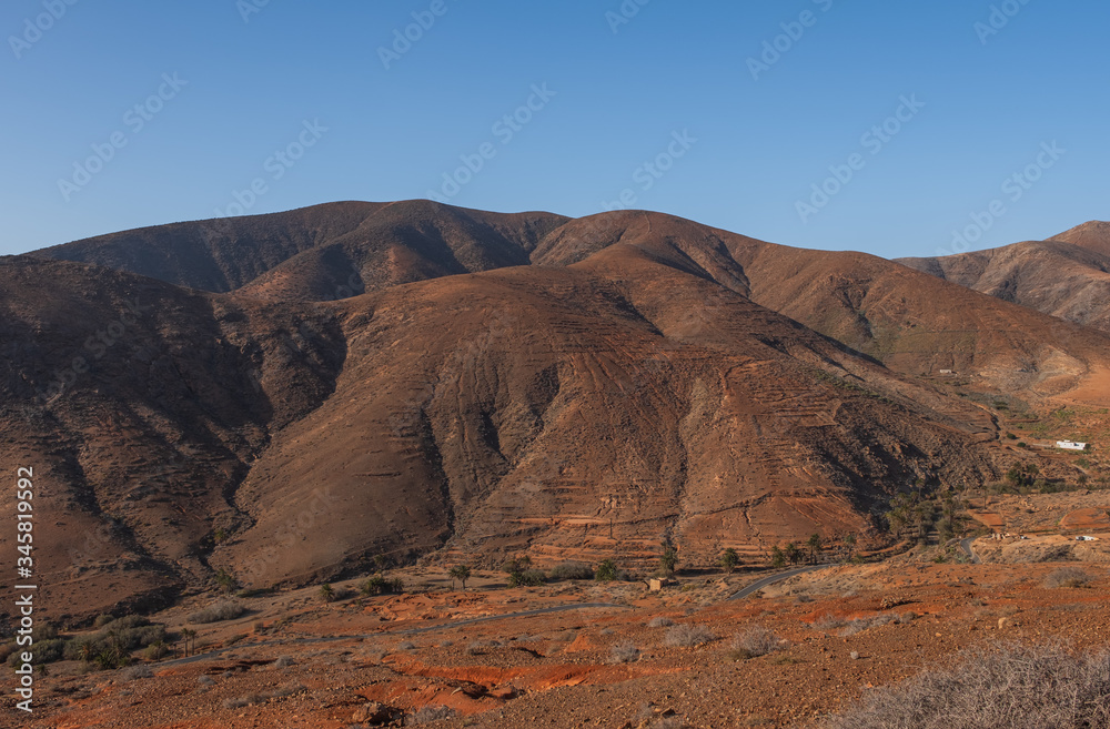 View on the mountains of Betancuria in the southern part of the Canary island Fuerteventura, Spain. Viewpoint Betancuria, october 2019