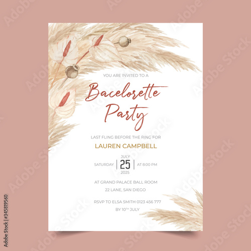 Pampas grass bachelorette party invitation template with calla lily
