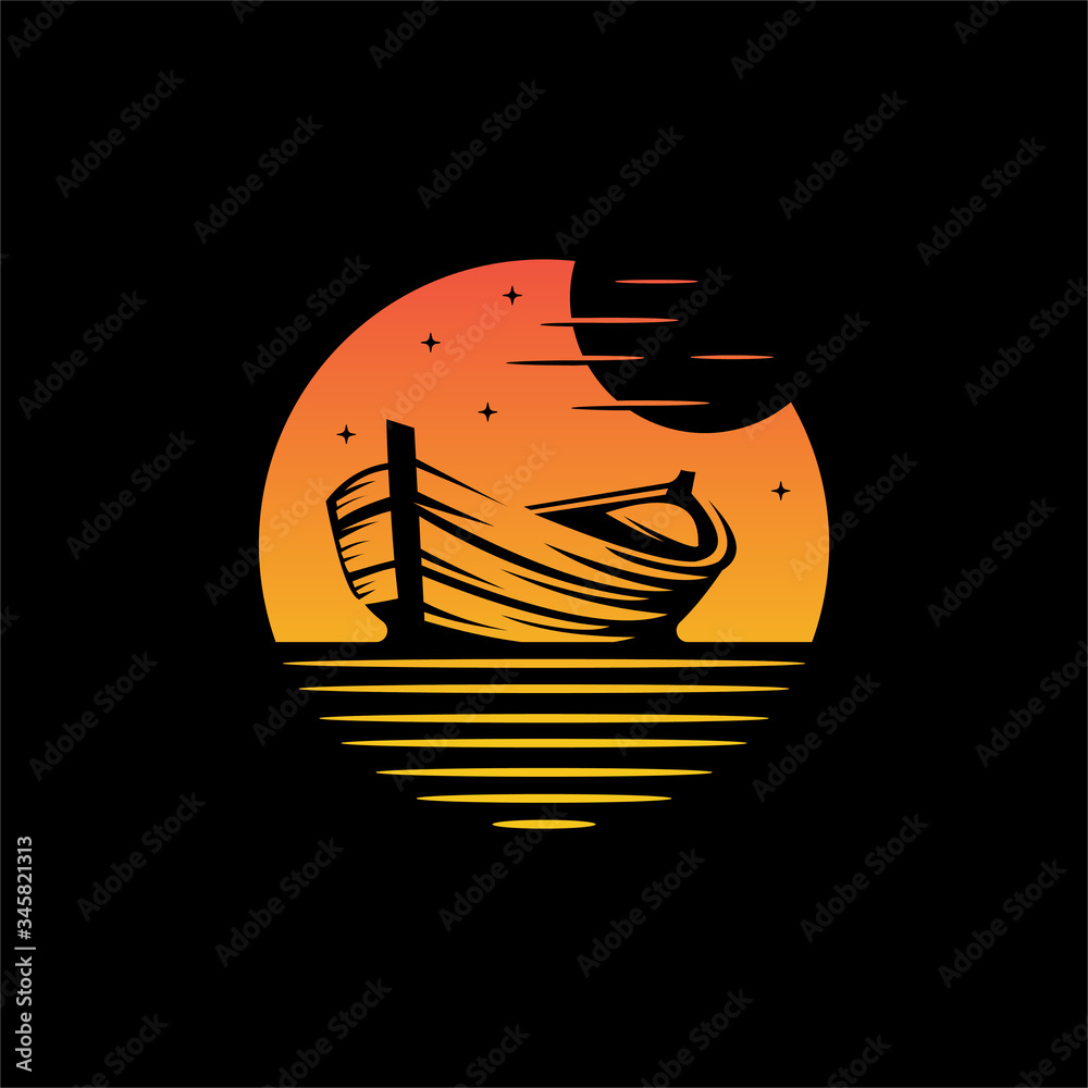 traditional wooden ship sketch logo design vector template