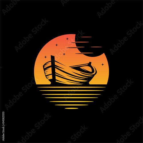 traditional wooden ship sketch logo design vector template