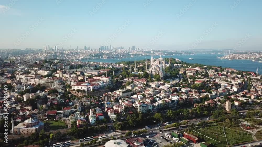 Old Istanbul With Ancient Mosques in Front and New Istanbul in Skyline. Aerial View on Sunny Day Old Istanbul With Ancient Mosques in Front and New Istanbul in Skyline. Aerial View on Sunny Day