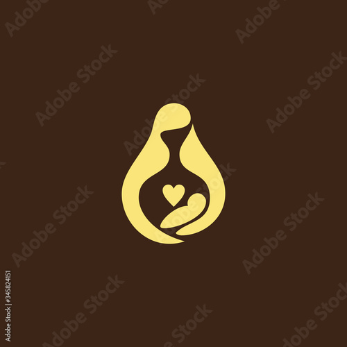 Mother holding Child baby Heart shape Logo design vector template. Medicine Clinic Care Charity Fund concept icon.