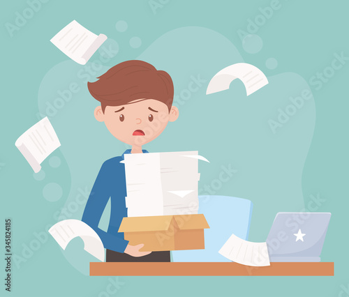 stress at work, tired employee with pile of papes laptop on desk