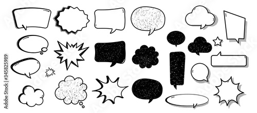 Comic balloon. Cartoon comic speech bubble set with chat cloud. Retro message splash and ballon set in comic style. Empty speech bubble element and dialog halftone cloud
