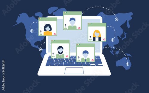 Videoconferencing and online meeting . Video conference landing. People on desktop computer  screen taking with colleague.