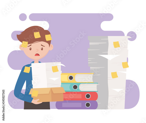 stress at work, worried employee with pile of documents and many stick notes