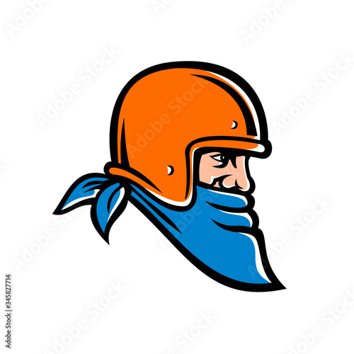Mascot icon illustration of head of a bandit, outlaw biker wearing bandana or bandanna and motorbike helmet viewed from side on isolated background in retro style.