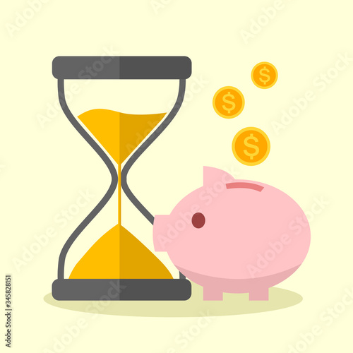 Cute piggy bank with falling coins and hourglass in flat design. Money saving or bank deposit concept vector illustration. Save money for investment.