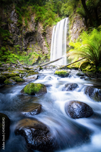 Fototapeta Naklejka Na Ścianę i Meble -  Portrait view of long exposure of water movement at Hopetoun Falls amongst the moss covered rocks