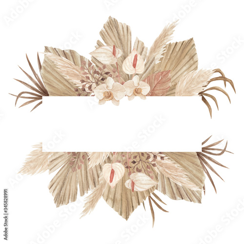 Watercolor bohemian banner with dried palm leaves, pampas grass, calla lily and orchids  photo
