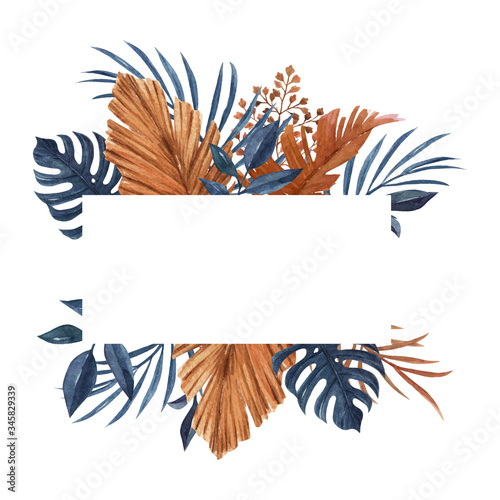 Watercolor navy blue and brown banner template with watercolor palm, monstera and other dry leaves
