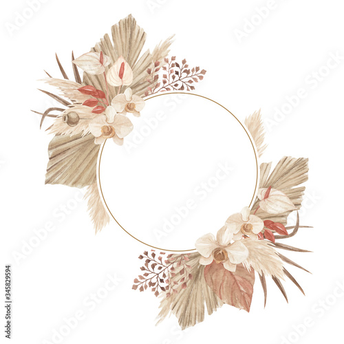 Boho pampas grass frame with palm spear, calla lily and orchid, perfect for greeting card, invitation
