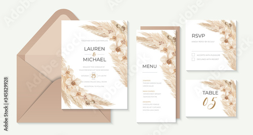 Pampas grass wedding party invitation template with calla lily watercolor illustration