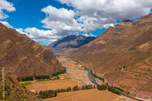 Landscape of the Sacred Valley of the Inca with the Urubamba river and the Andes mountain range, Pisac, Cusco Province, Peru. photo