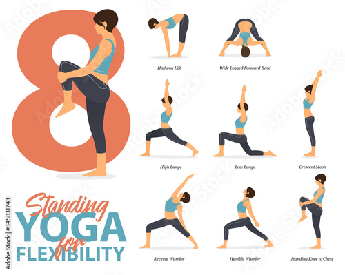 Infographic of 8 Standing Yoga poses for yoga at home in concept of flexibility in flat design. Woman is doing exercise for body stretching. Set of yoga posture or asana infographic. Yoga Vector.
