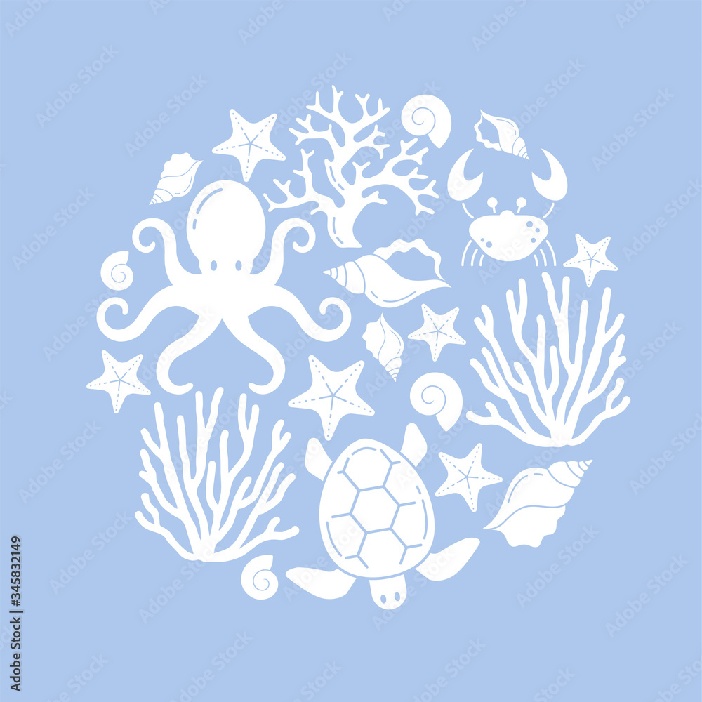 Octopus, Starfish, Seashells, Corals and Crabs.