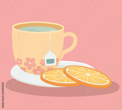 tea time, teacup and slice oranges in plate design