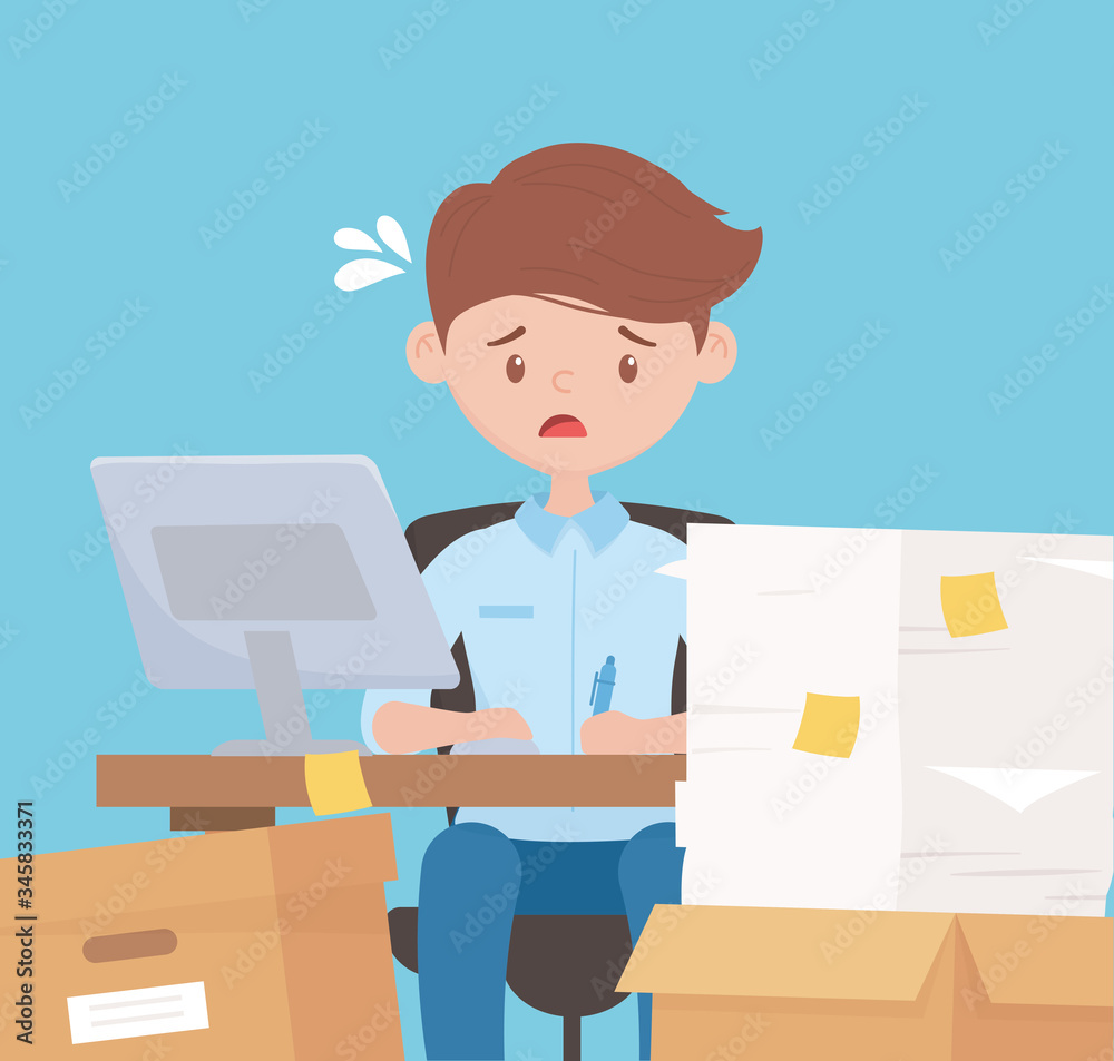 stress at work, tired employee working in desk with stack of papers boxes and laptop stress at work, tired employee working in desk with stack of papers boxes and laptop