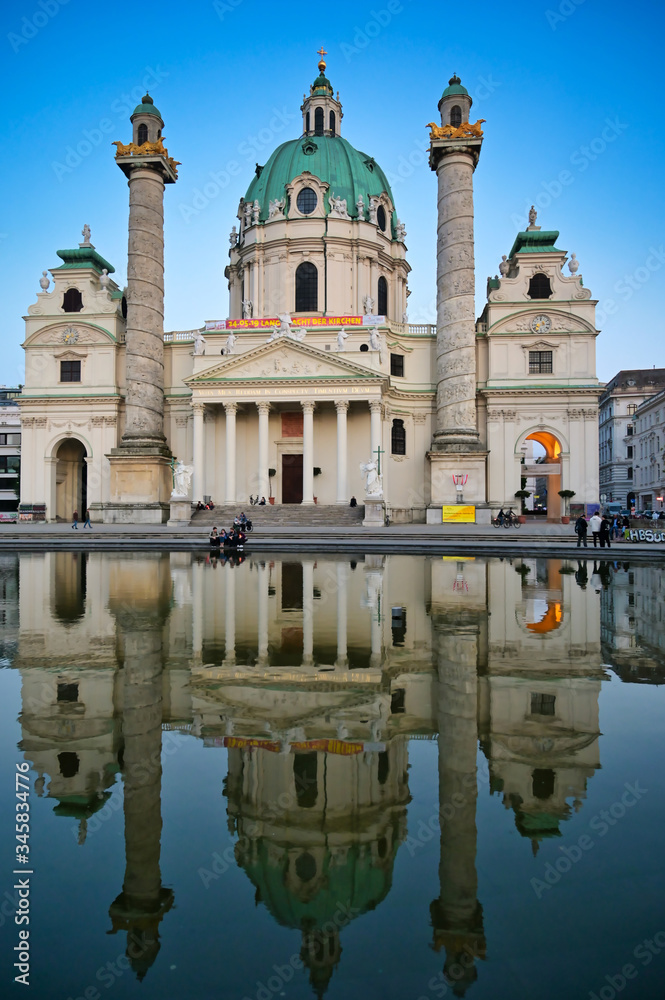 Vienna, Austria - May 18, 2019 - The Karlskirche, or St. Charles Church, is a Baroque church located on the south side of Karlsplatz in Vienna, Austria.