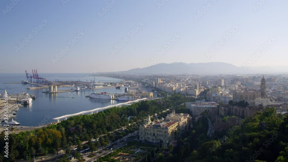 WS PAN AERIAL Malaga city seen from Gibralfaro fortress WS PAN AERIAL Malaga city seen from Gibralfaro fortress
