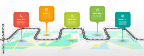 Road map infographic template. Business concept with icon and 5 options, steps or processes. Vector illustration.