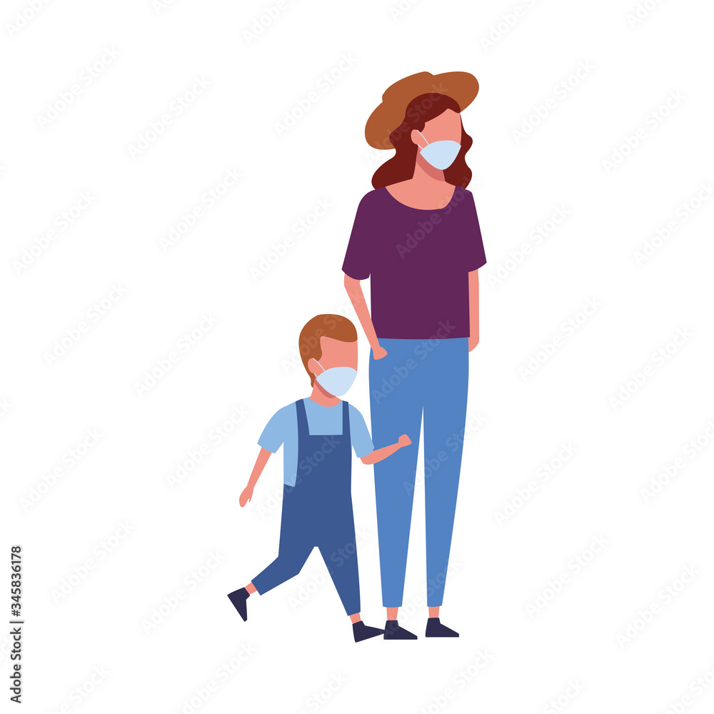 mother and son using face masks characters mother and son using face masks characters