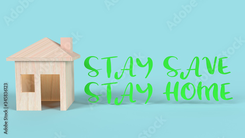 home and  text stay save stay home in blue background 3d rendering for social distancing content.