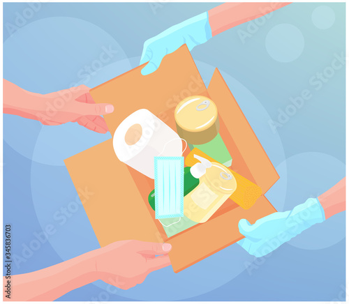 Safe food delivery during the quarantine and coronavirus influenza outbreak. Hands in latex gloves. Box with donation goods. Stay home, online shopping. Vector illustration.