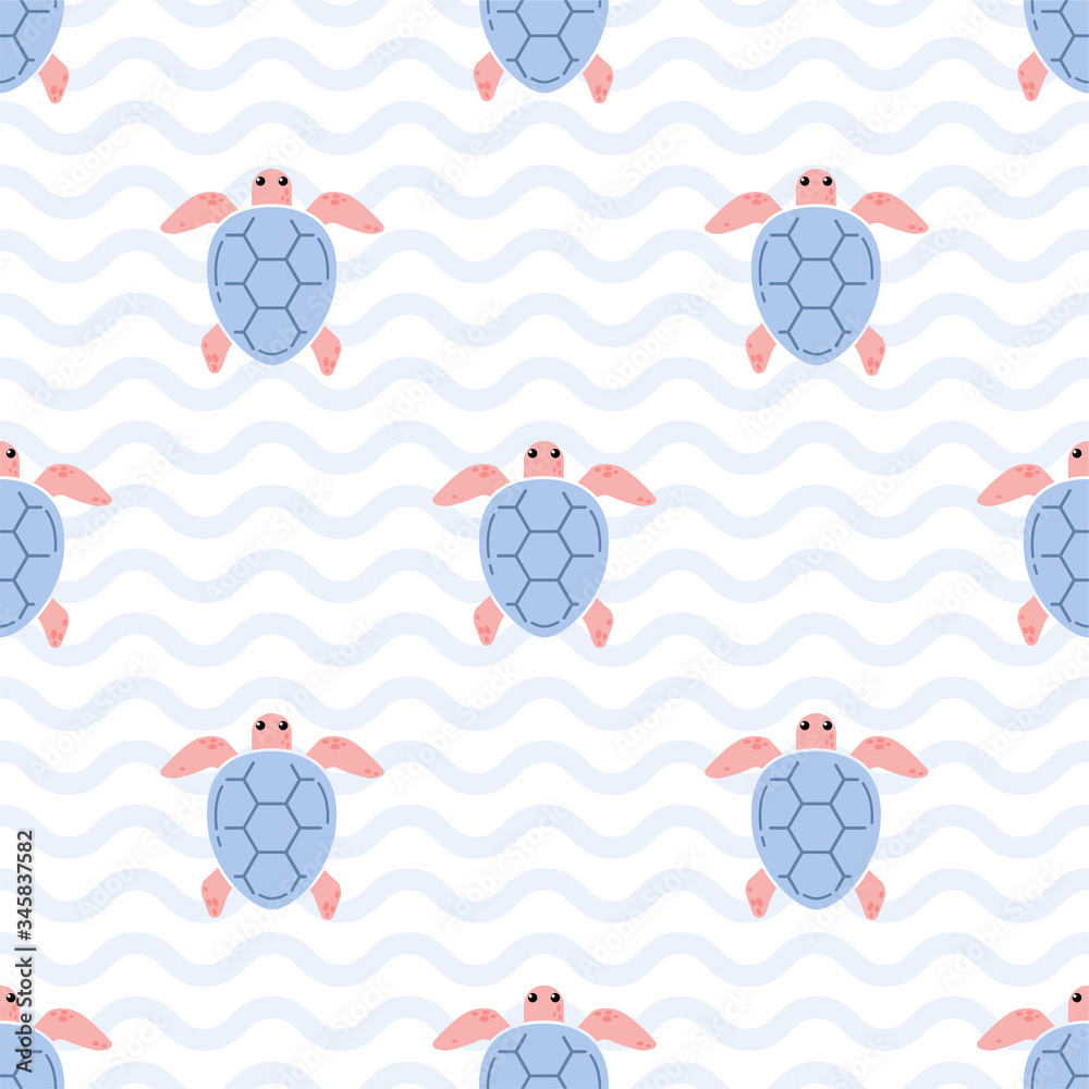 Fototapeta premium Cute Cartoon Sea Turtle. Colored Seamless 