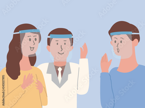 Group of People wearing Plastic face shield to protect virus spread while they talking about business with colleagues. Illustration about the new normal of people behaviors and lifestyle.