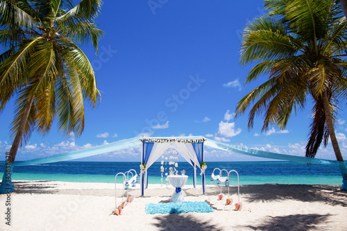Photography Colorful wedding arch gazebo pavilion made of bamboo and textile with fresh flow