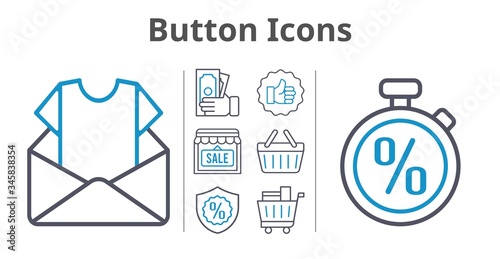 button icons set. included newsletter  shop  money  like  shopping cart  warranty  shopping-basket  stopwatch icons. bicolor styles.