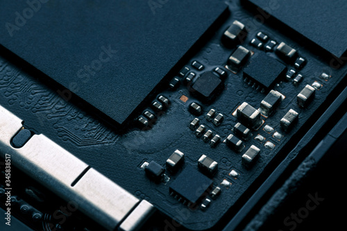 electronic chip component on black PCB or printed circuit board