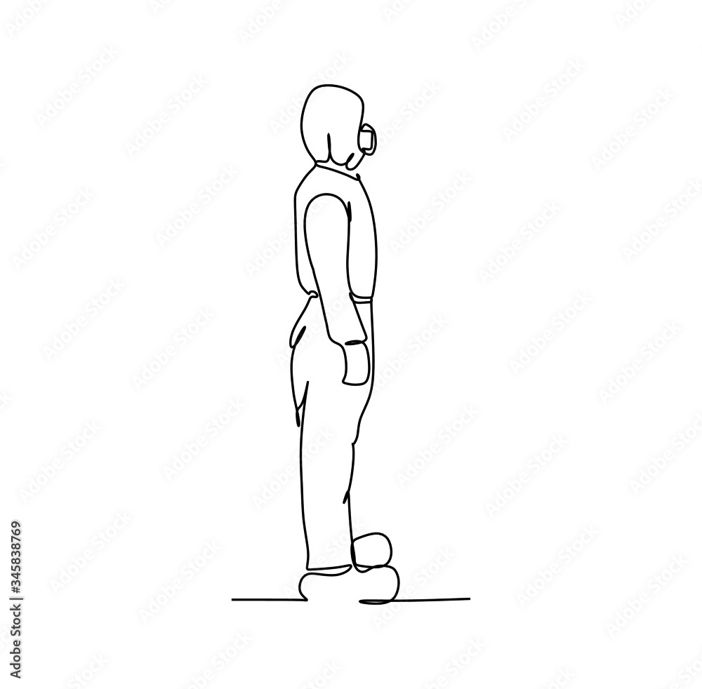 Man in protective suit from side view - Continuous single line hand drawing vector illustration Man in protective suit from side view - Continuous single line hand drawing vector illustration