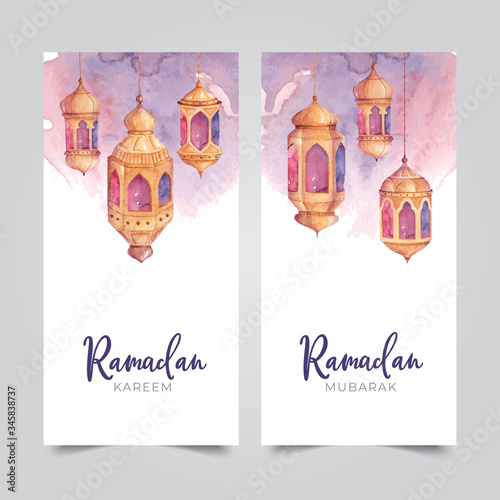 Ramadhan Vertikal Banner Template with Watercolor Lantern Illustration