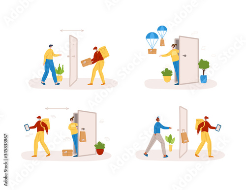 Safe delivery concept - contactless delivery of products or parcels to home to front door, express courier service with safe distance for quarantine - flat cartoon vector. Courier in mask and client