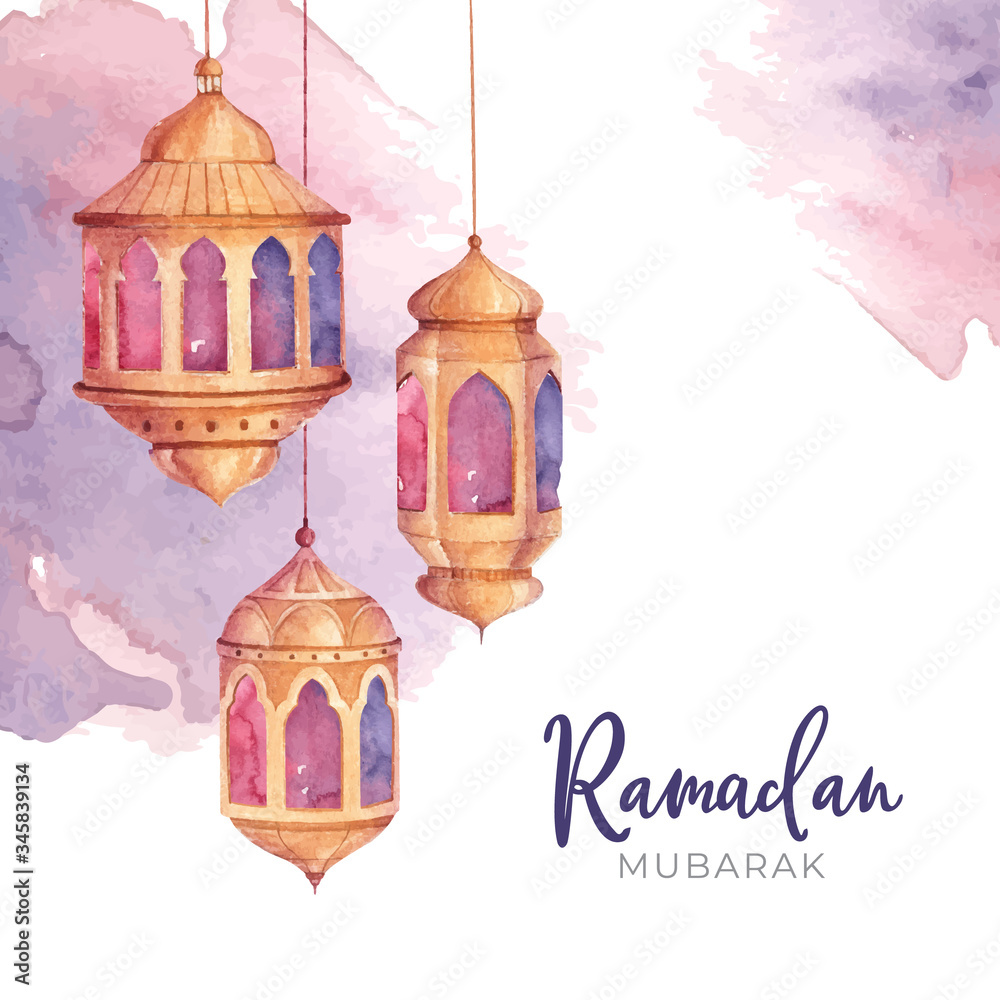 Ramadan Mubarak Greeting Card Template with Watercolor Lantern Illustration Ramadan Mubarak Greeting Card Template with Watercolor Lantern Illustration