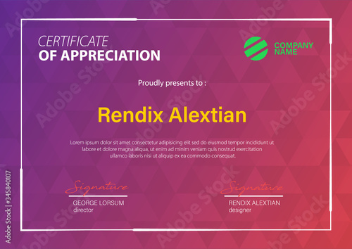 Certificate of Appreciation template, with Geometric hipster triangular background. Vector Illustration